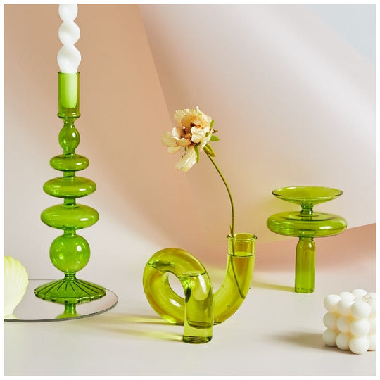 Green Glass Candle Holder | Sculptural Mouth-Blown Glass | Artisan Decor