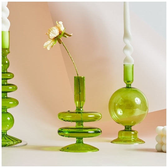 Green Glass Candle Holder | Sculptural Mouth-Blown Glass | Artisan Decor