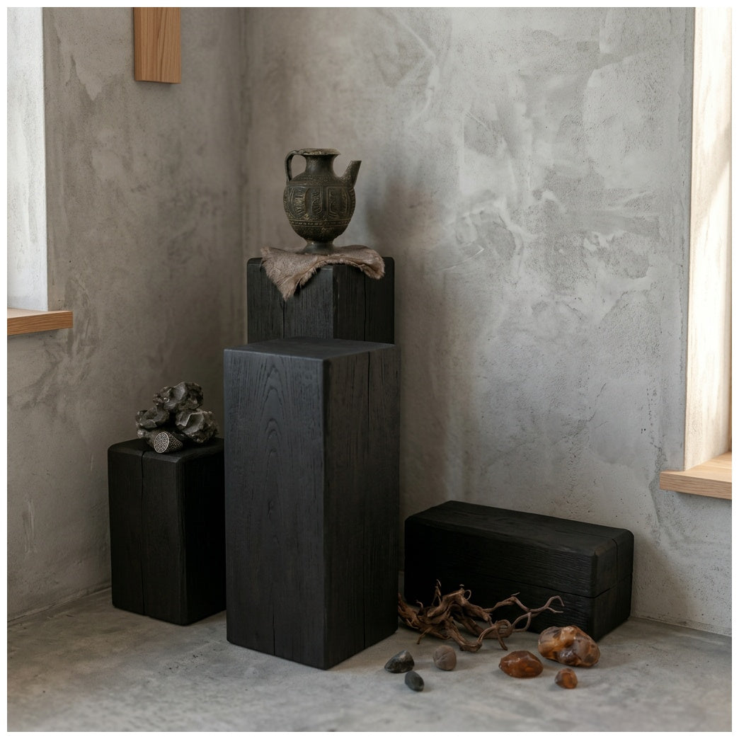 Yakisugi Charred Timber Pedestal Stand | Japandi Wabi-Sabi Decor